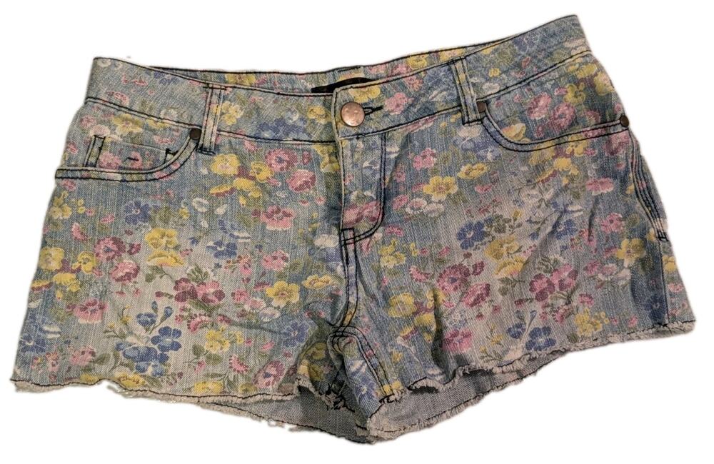 Fire Los Angeles Floral Denim Shorts Size 5 Y2K Low Rise Cutoff Micro Mini